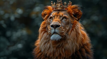 Fototapeta premium Majestic lion with a golden crown gazing in a serene forest setting
