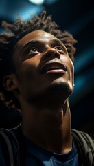 Fototapeta premium A player looking up to the sky in relief and joy after a successful match