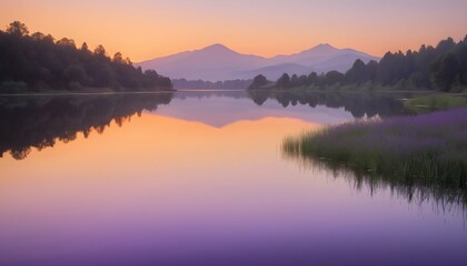 A sunset reflected on a calm lake with gradients o