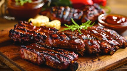 A barbecue spread with grilled meats glazed in tangy BBQ sauce, enticing guests with savory goodness.