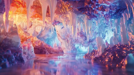 Glistening cavern with surreal stalactites and stalagmites
