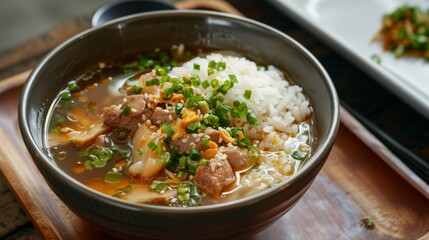 A bowl of aromatic broth served with tender pork leg and rice, a comforting and nourishing meal for any time of day.