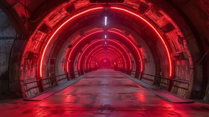Fototapeta premium A long, dark tunnel with red lights on the walls and floor.