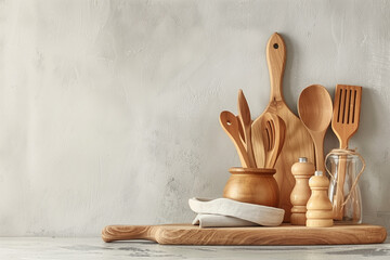 Rustic Wooden Kitchen Utensils and Cutting Boards on Concrete Background