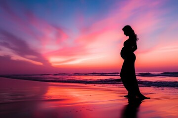 Fototapeta premium Pregnancy Glow: Serene Sunset Silhouette