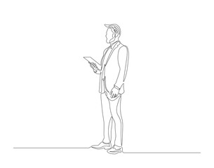 Continuous one line drawing of businessman explaining strategy. One line drawing illustration of businessman explaining. Presentation for work concept. Editable outline.
