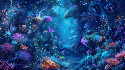 Fototapeta premium Underwater scene with bioluminescent creatures and vibrant coral reefs