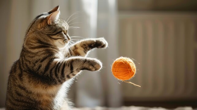 A cat playing with a bouncing ball of yarn, paws batting at the playful toy with feline agility and curiosity.