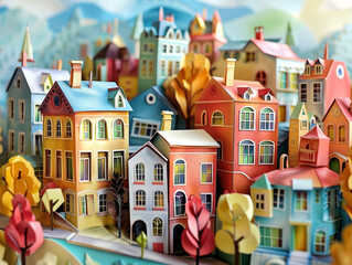 Obraz premium Whimsical paper-cut diorama of an urban township. Paper art miniature world. 