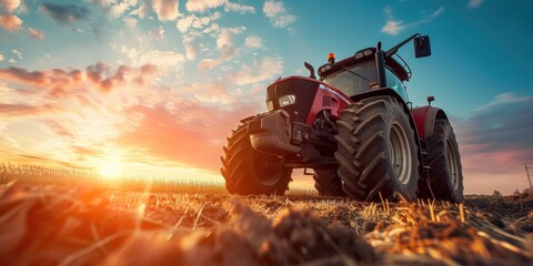 Sunset Silhouette: Hero Shot of Agricultural Tractor