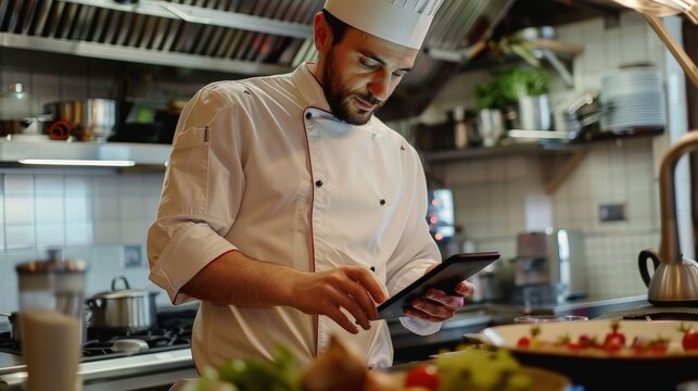 A chef following a recipe on an iPad while cooking in the kitchen, utilizing technology for culinary inspiration and guidance.