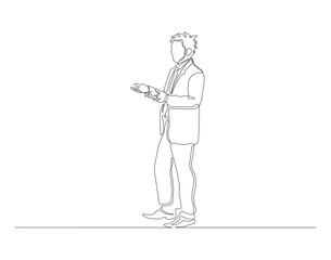 Continuous one line drawing of businessman explaining strategy. One line drawing illustration of businessman explaining. Presentation for work concept. Editable outline.
