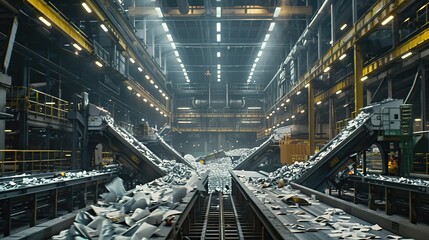 Fototapeta premium a waste treatment plant, showcasing a bustling glitch belt system for glass, metal, and paper recycling in an industrial setting, with a blue spiral conveyor line transporting plastic bottles.