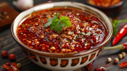 A close-up of a bowl of spicy chili sauce, vibrant red color and aromatic spices enticing the taste buds.