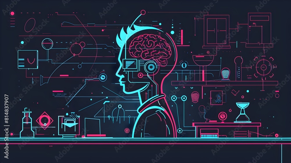 Aufkleber Brain Innovation Futuristic Neon Lighting Concept for Digital Artificial Intelligence and Technological Advancement