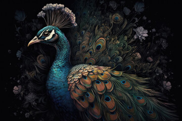 Fototapeta premium Peacock and flowers on a dark background, Art Painting, Bohemian background