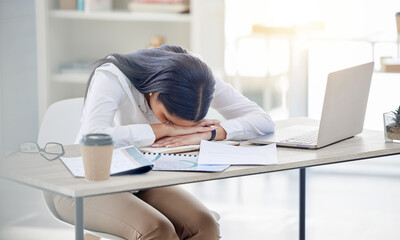 Business woman, tired and sleep at office desk with burnout risk, overworked and nap for low...