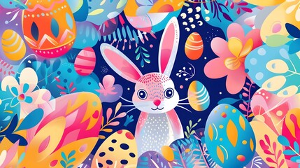 Charming Rabbit Surrounded by Vibrant Floral Patterns and Easter Eggs in Whimsical Spring
