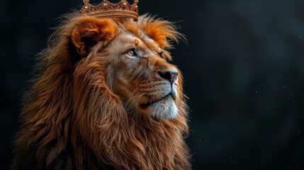 Fototapeta premium Majestic lion wearing an elegant crown against a dark background