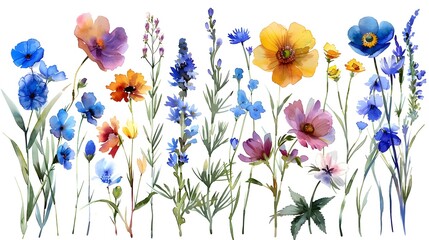 Colorful Blooming Wildflowers and Botanical Plants in Lush Natural Garden or Meadow Landscape