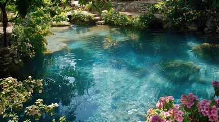 Naklejka premium an Israeli garden, with vibrant flowers adorning both sides and lush green trees, while a calm river reflects the gentle light.