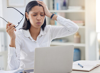 Migraine, glasses and business woman with pain in office for editing report, burnout or project...