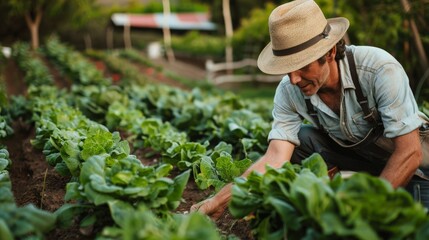 farmer tending to rows of leafy greens in a garden, cultivating nutritious vegetables for the health-conscious consumer.