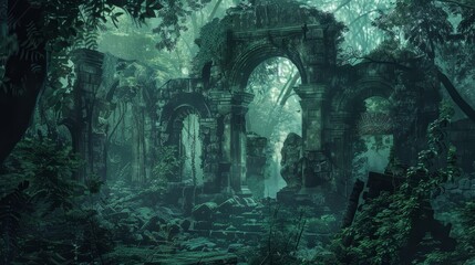 Naklejka premium Enigmatic ruin in dense jungle deep emerald blends with mossy green in shadows