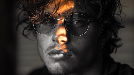 Young man wearing glasses looks directly at the camera, AI-generated.