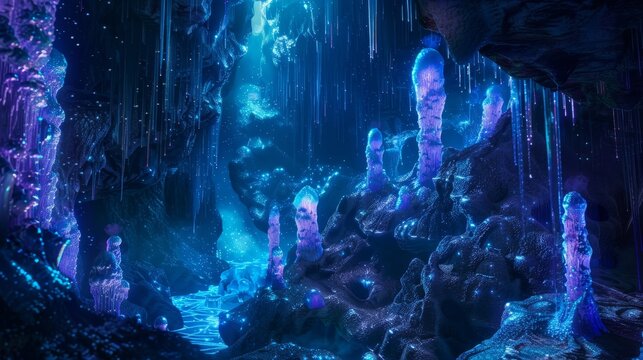 Surreal cavern with azure and sapphire gradients illuminated by bioluminescent fungi