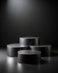 Black round podiums on dark background. Mock up.