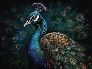 Obraz premium Peacock with colorful feathers on a black background