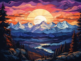 A majestic mountain range silhouetted against the backdrop of a setting sun