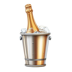 Champagne bottle in ice bucket ready to serve die cut PNG style isolated on white and transparent background