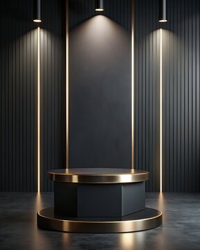 Black pedestal in dark interior with spotlights