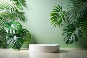 Abstract minimal scene with round podium and tropical leaves.
