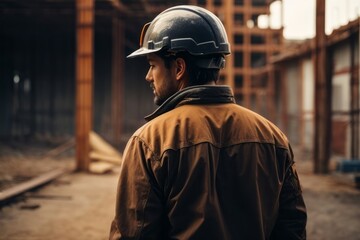 Fototapeta premium construction worker wearing hat and safety suit at industrial construction building site, back view