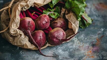 A close-up image of a bunch of fresh beets with green leaves on a dark background.