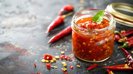 jar of homemade hot sauce with fresh chili peppers, a versatile condiment for adding heat to any meal.