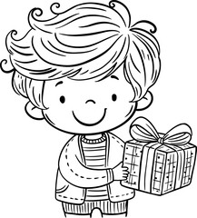 Cute cartoon boy holding gift box. Isolated outline illustration of child with present box
