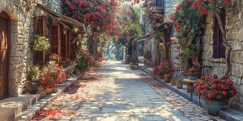 illustration artful of  beautiful scenery perspective of narrow street with rock wall building with pink bougainvillea blossoming