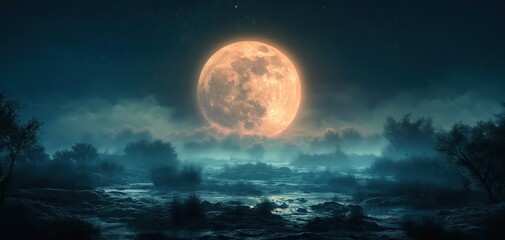 full moon shine over wasteland illustration scenery background