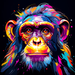 A dark drawing of the face of a young chimpanzee.