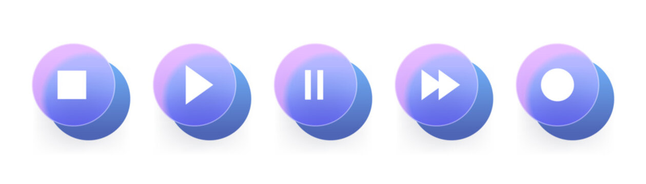 Glass morphism player button icon set. Vector illustration