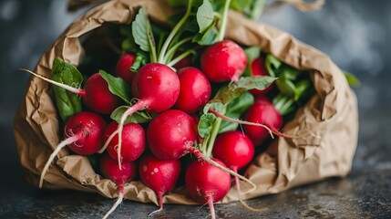 A close-up image of a bunch of fresh radishes in a brown paper bag. The radishes are red and white, with green leaves. The bag is open, and the radishes are spilling out.