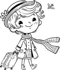 Cartoon outline illustration of traveller teen. Boy with suitcase goes on vacation