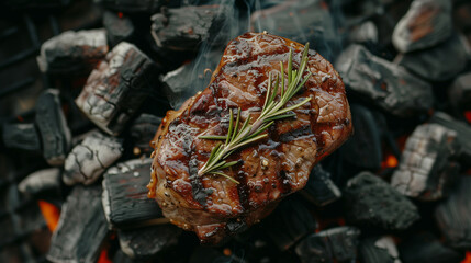 Fried meat steak on a black background of charcoal Grilled delicious steak on coals, closeup photo.