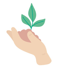 Green plant in hand in flat design. Ecology gardening, organic agriculture. Vector illustration isolated.