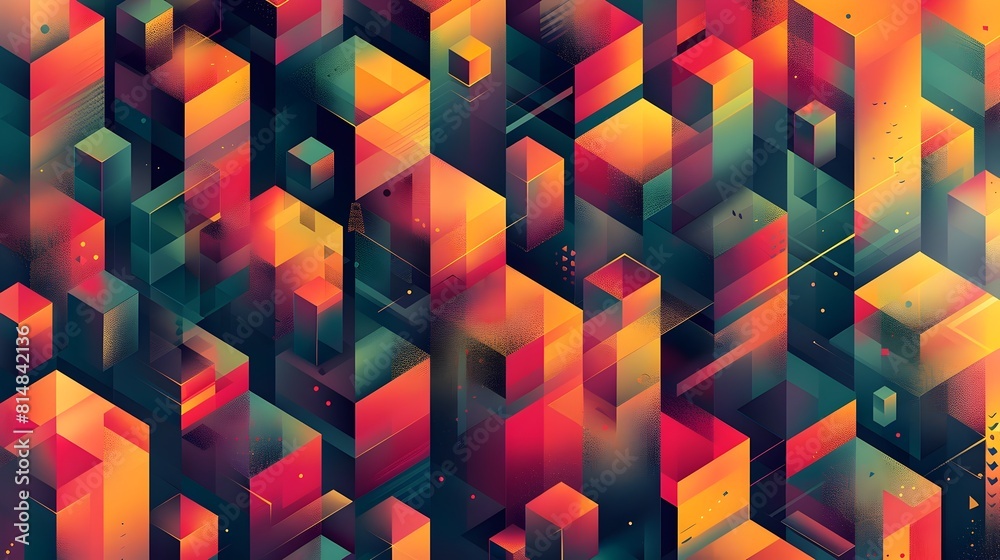Aufkleber Dynamic Geometric Mosaic Abstraction with Vibrant Neon Hues and Futuristic Visuals