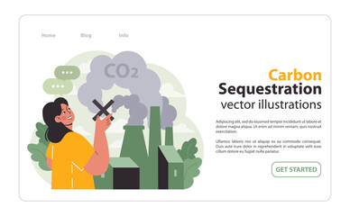 Woman highlighting the importance of reducing CO2 emissions from factories. Flat vector illustration.